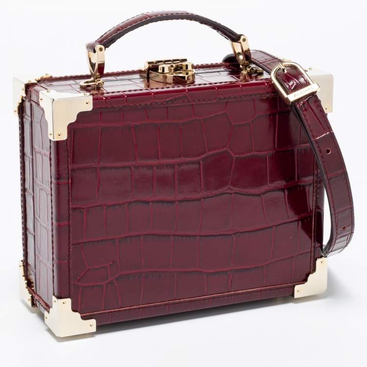 Pre Owned Aspinal Of London Burgundy Croc Embossed Leather Trunk Top Handle Bag