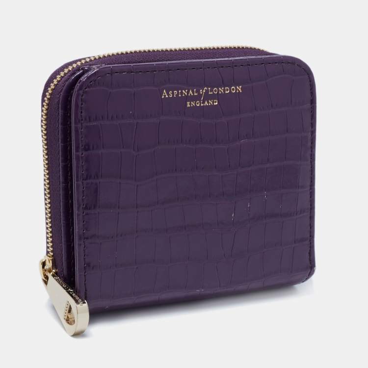 Pre Owned Aspinal of London Purple Croc Embossed Leather Zip Around Compact Wallet