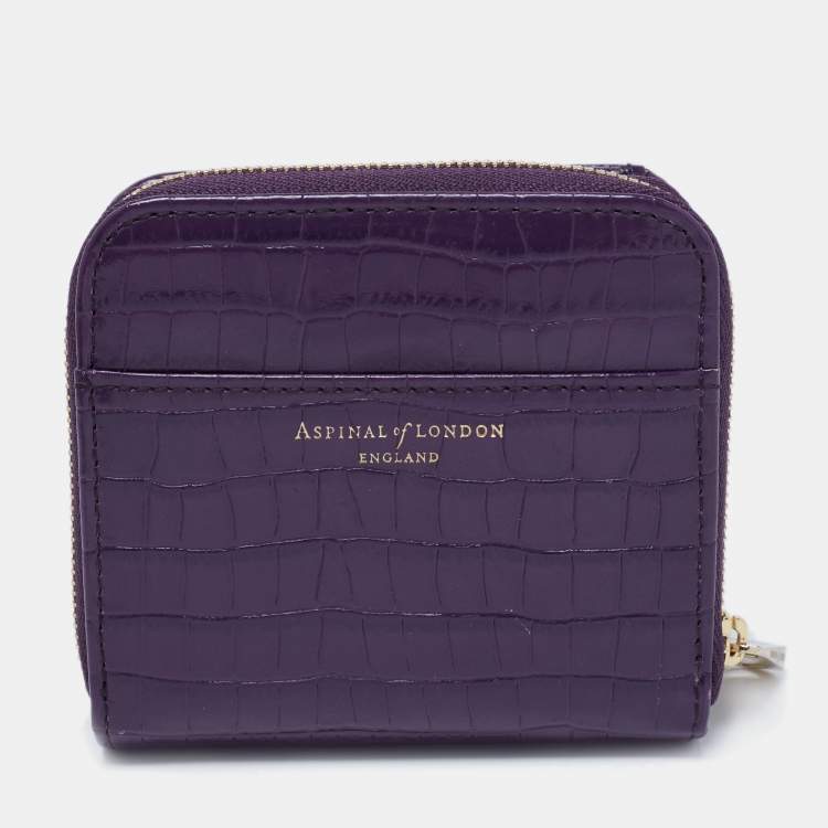 Pre Owned Aspinal of London Purple Croc Embossed Leather Zip Around Compact Wallet