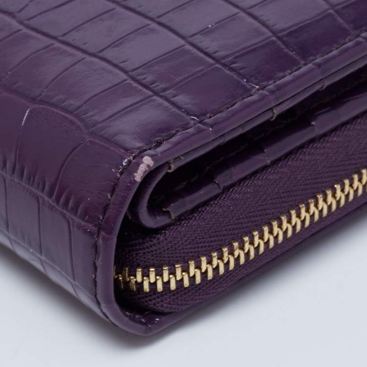 Pre Owned Aspinal of London Purple Croc Embossed Leather Zip Around Compact Wallet