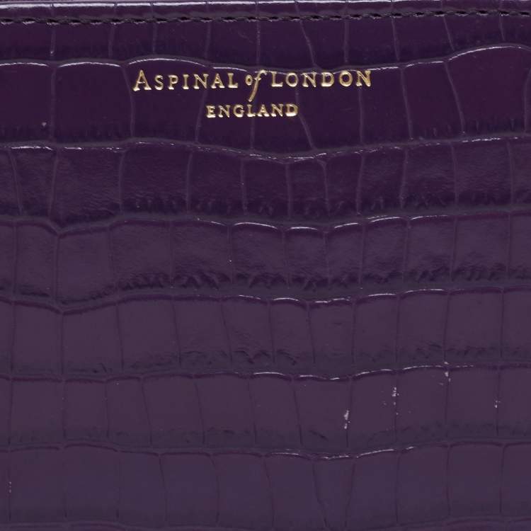Pre Owned Aspinal of London Purple Croc Embossed Leather Zip Around Compact Wallet