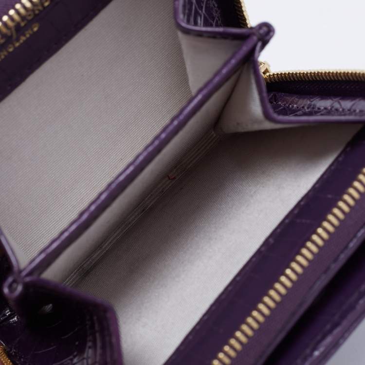 Pre Owned Aspinal of London Purple Croc Embossed Leather Zip Around Compact Wallet