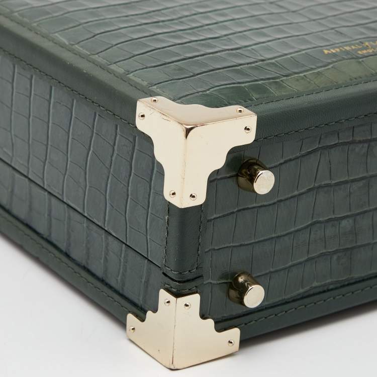 Pre Owned Aspinal of London Green Croc Embossed Leather Mini Trunk Top Handle Bag