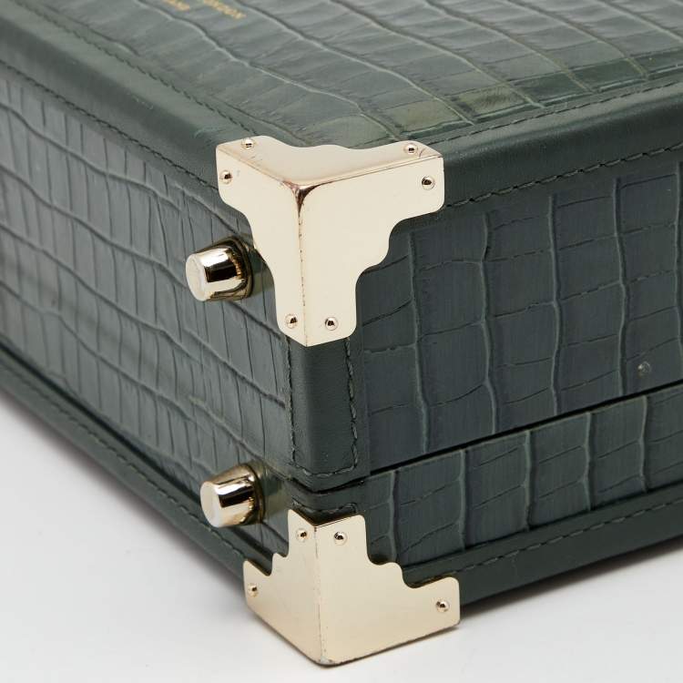 Pre Owned Aspinal of London Green Croc Embossed Leather Mini Trunk Top Handle Bag