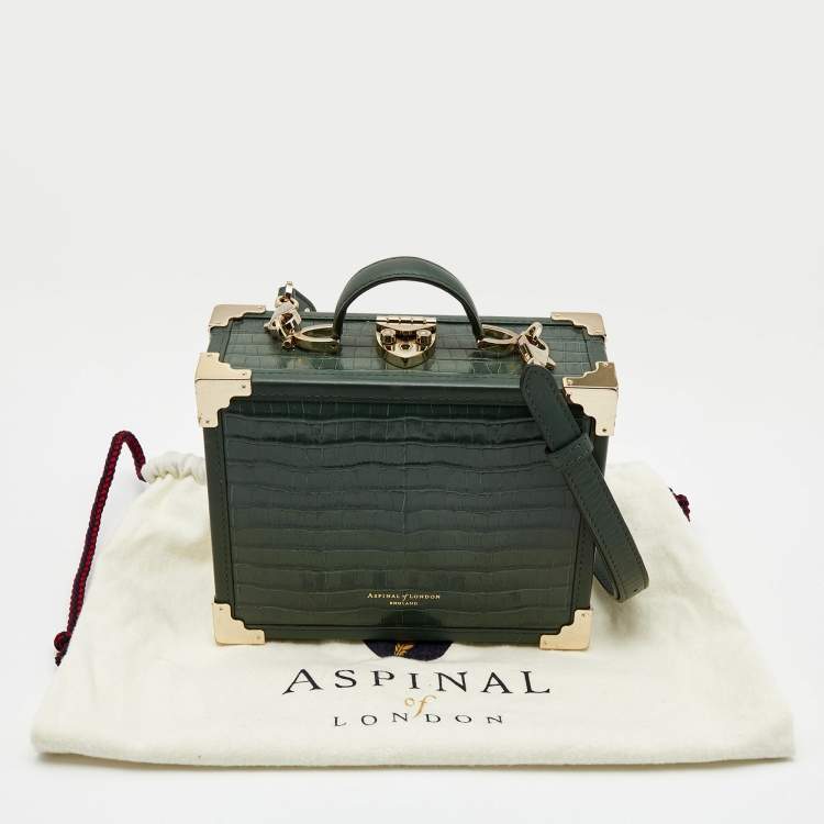 Pre Owned Aspinal of London Green Croc Embossed Leather Mini Trunk Top Handle Bag