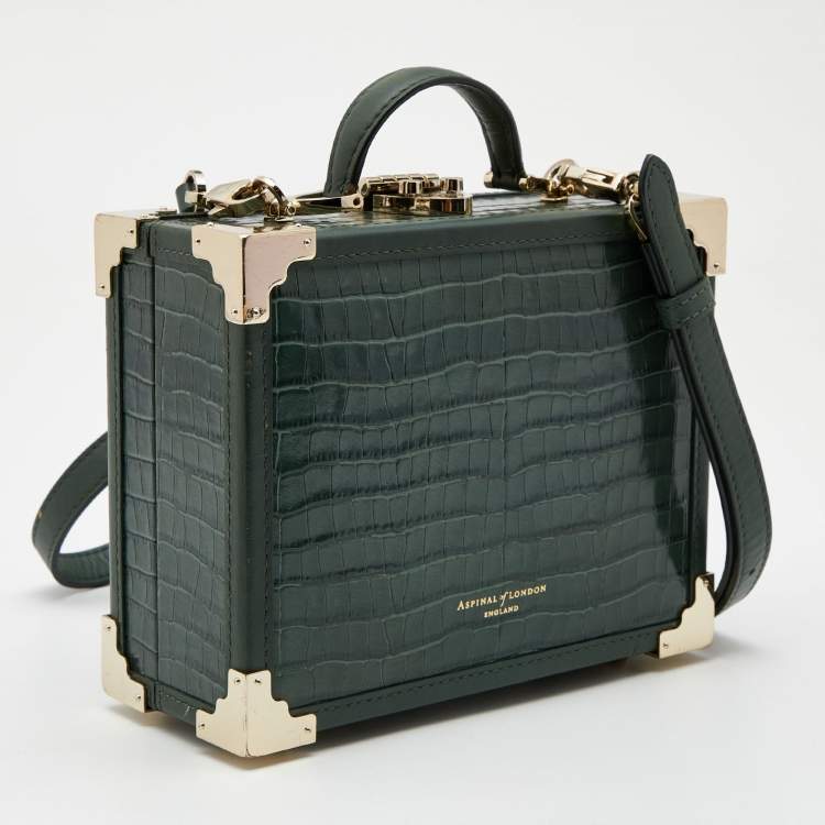 Pre Owned Aspinal of London Green Croc Embossed Leather Mini Trunk Top Handle Bag