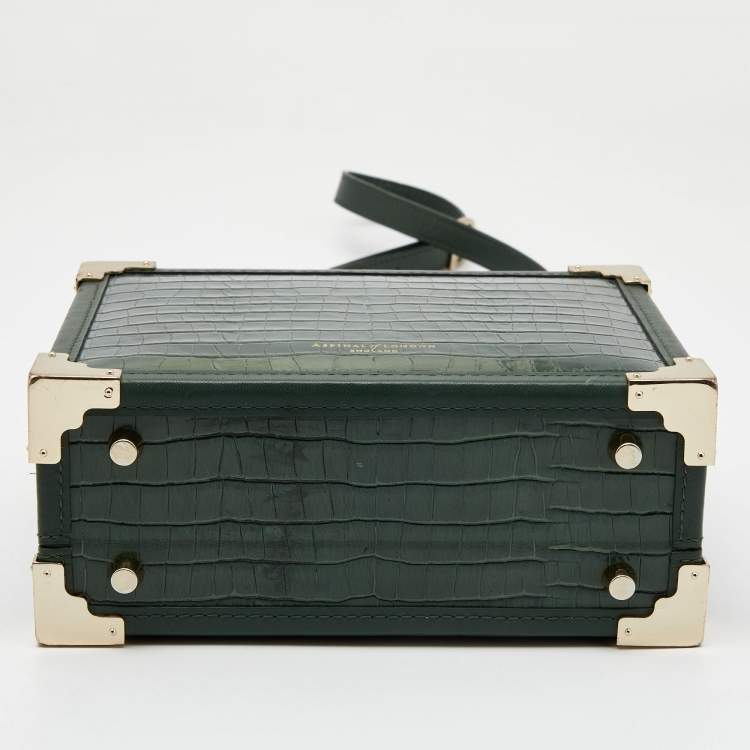 Pre Owned Aspinal of London Green Croc Embossed Leather Mini Trunk Top Handle Bag