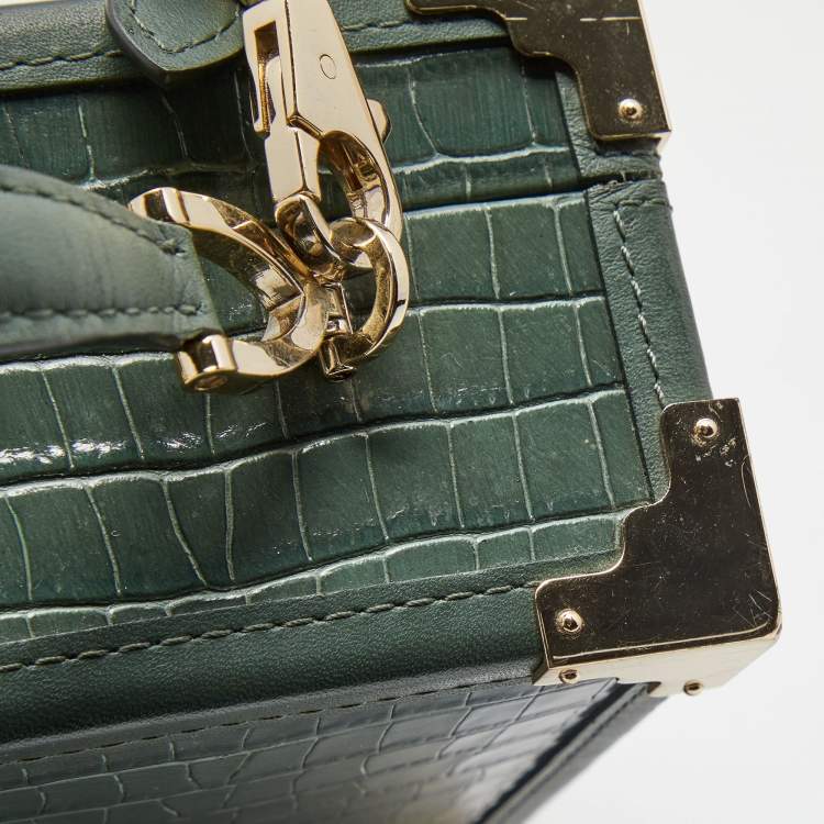 Pre Owned Aspinal of London Green Croc Embossed Leather Mini Trunk Top Handle Bag