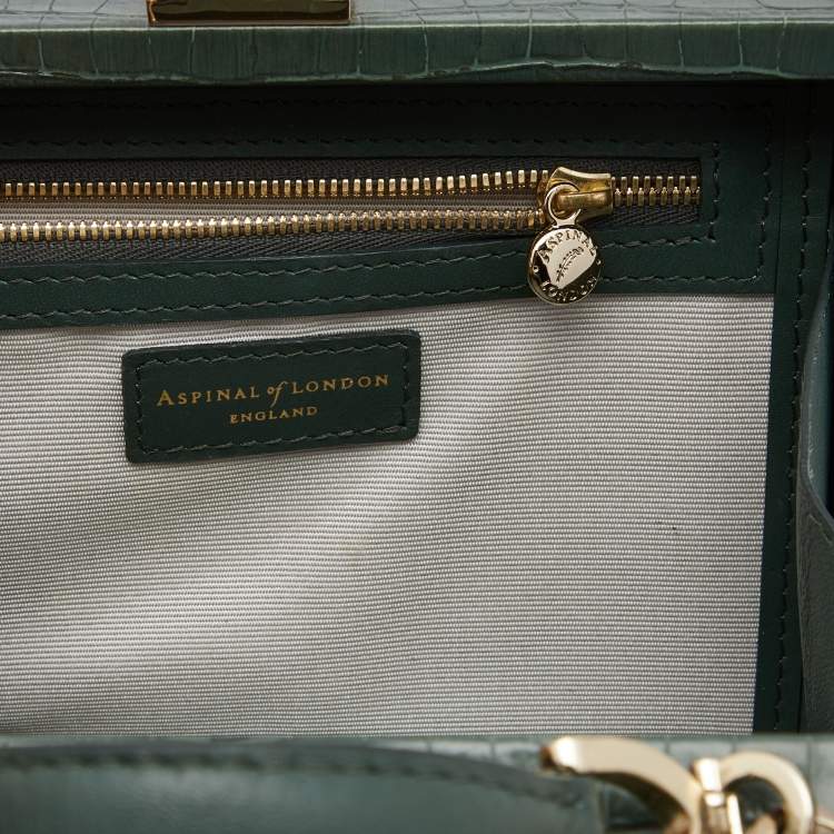 Pre Owned Aspinal of London Green Croc Embossed Leather Mini Trunk Top Handle Bag