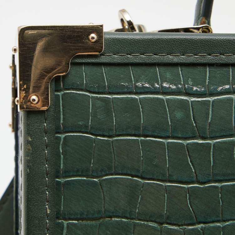 Pre Owned Aspinal of London Green Croc Embossed Leather Mini Trunk Top Handle Bag