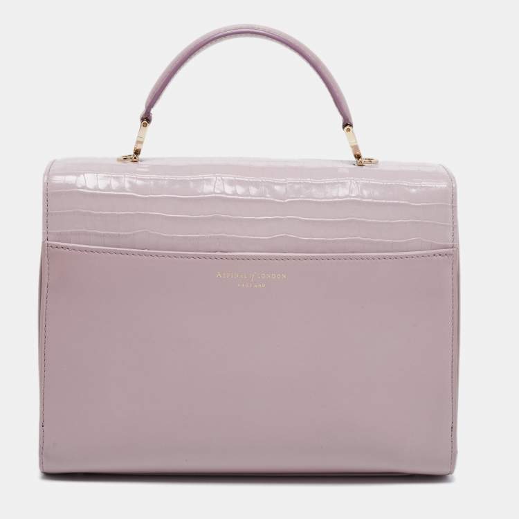 Pre Owned Aspinal Of London Purple Croc Embossed Leather Mayfair Top Handle Bag