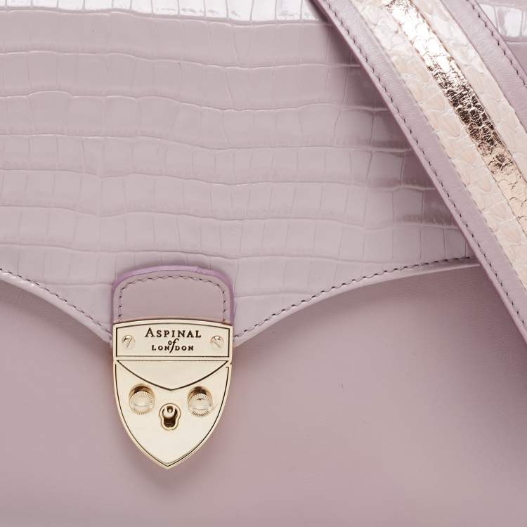 Pre Owned Aspinal Of London Purple Croc Embossed Leather Mayfair Top Handle Bag