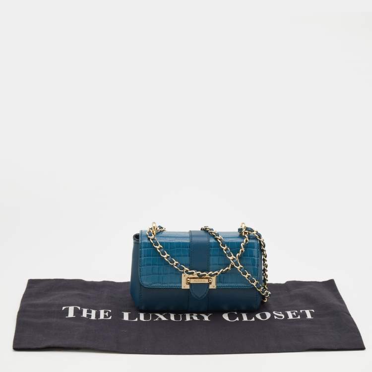 Pre Owned Aspinal Of London Blue Leather And Croc Embossed Leather Lottie Shoulder Bag