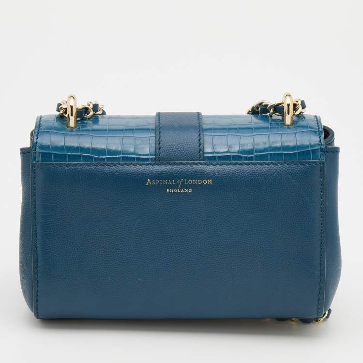 Pre Owned Aspinal Of London Blue Leather And Croc Embossed Leather Lottie Shoulder Bag
