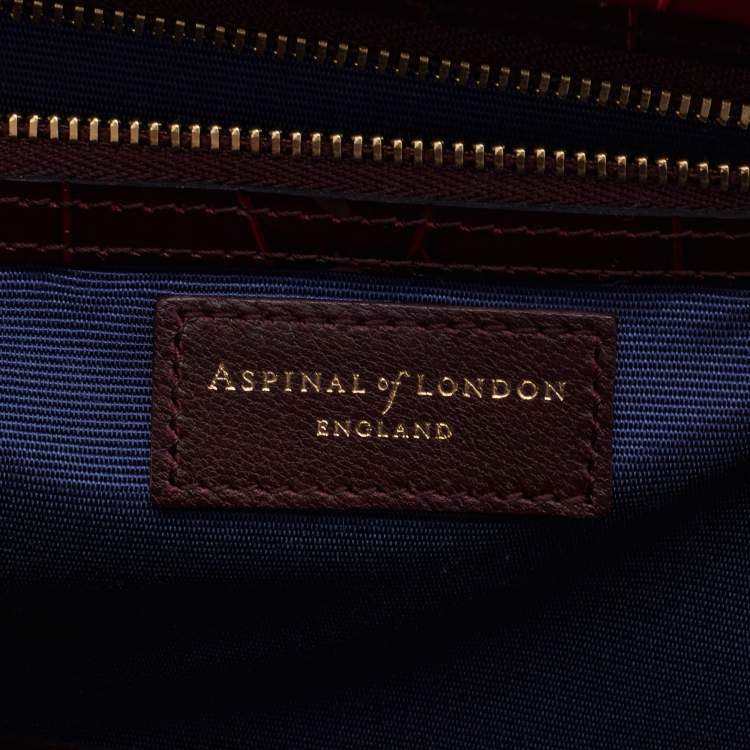 Pre Owned Aspinal Of London Burgundy Croc Embossed Leather Trunk Top Handle Bag