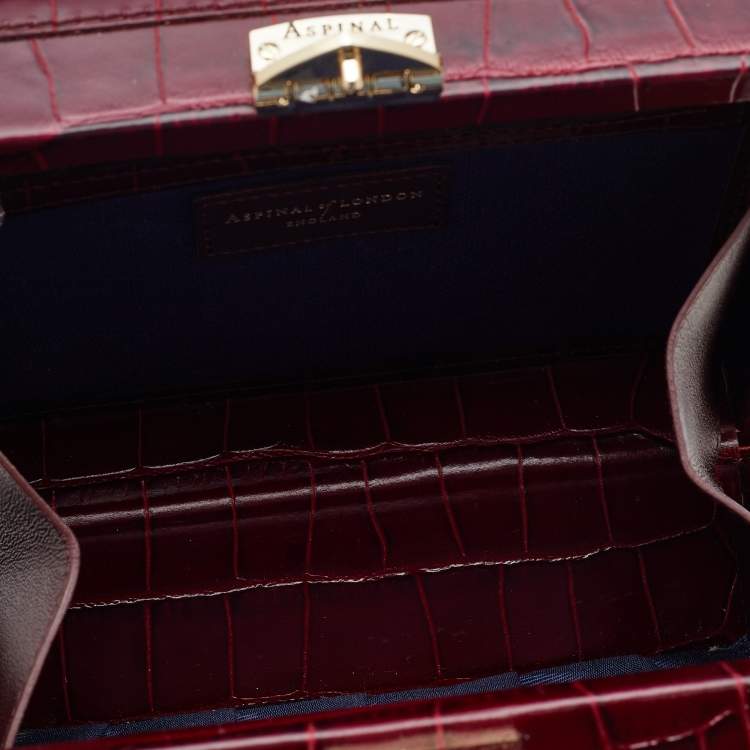 Pre Owned Aspinal Of London Burgundy Croc Embossed Leather Trunk Top Handle Bag