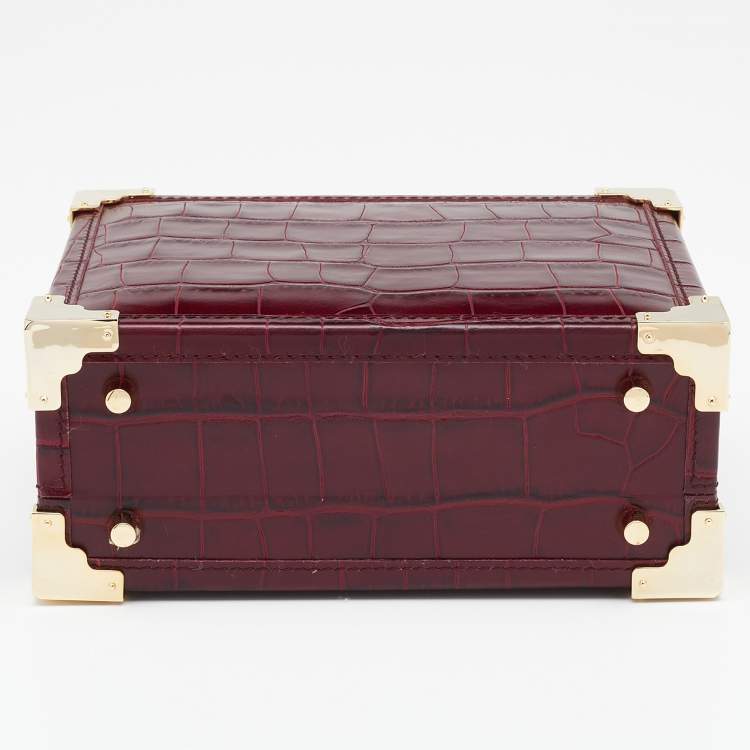 Pre Owned Aspinal Of London Burgundy Croc Embossed Leather Trunk Top Handle Bag