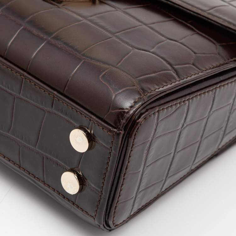 Pre Owned Aspinal of London Burgundy Croc Embossed Leather Small Mayfair Top Handle Bag