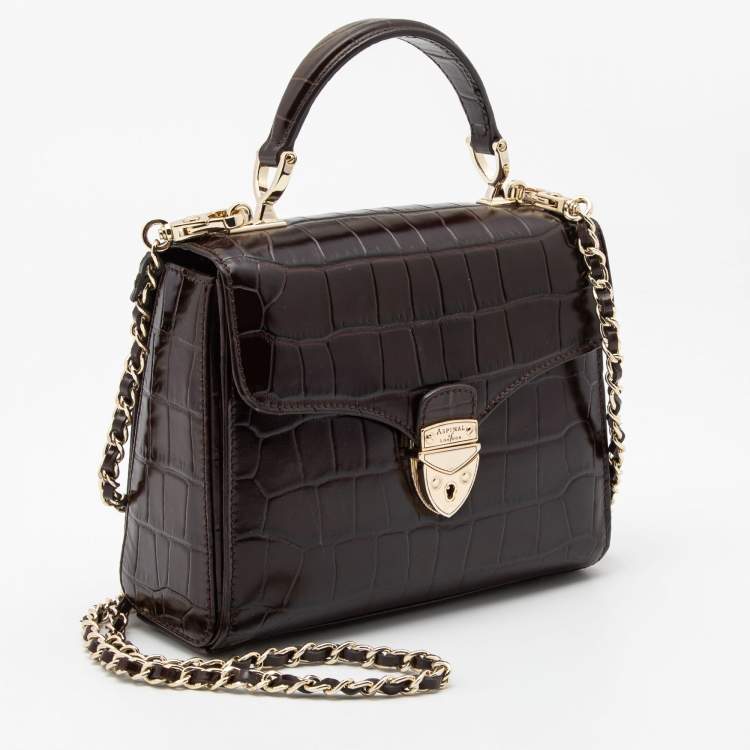 Pre Owned Aspinal of London Burgundy Croc Embossed Leather Small Mayfair Top Handle Bag