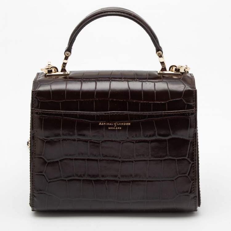 Pre Owned Aspinal of London Burgundy Croc Embossed Leather Small Mayfair Top Handle Bag
