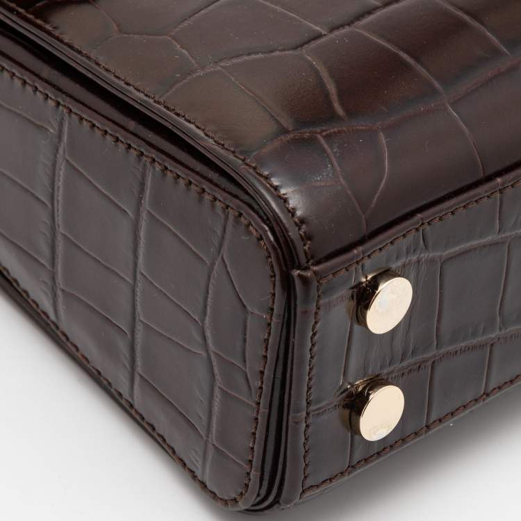 Pre Owned Aspinal of London Burgundy Croc Embossed Leather Small Mayfair Top Handle Bag