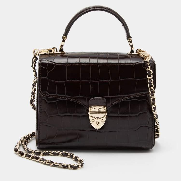 Pre Owned Aspinal of London Burgundy Croc Embossed Leather Small Mayfair Top Handle Bag