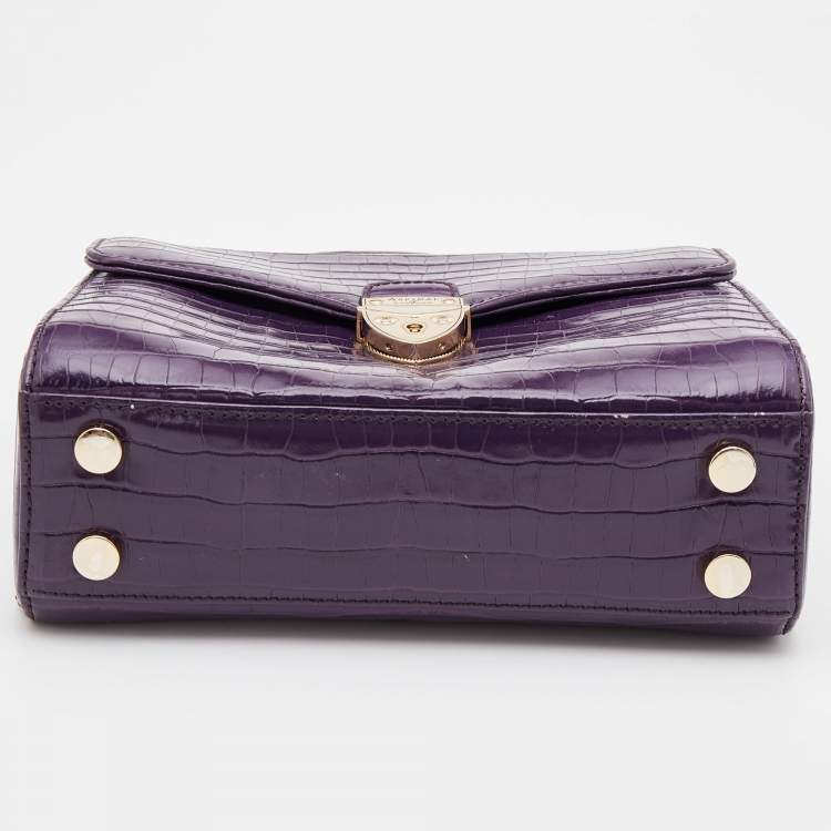 Pre Owned Aspinal Of London Purple Croc Embossed Leather Mayfair Top Handle Bag