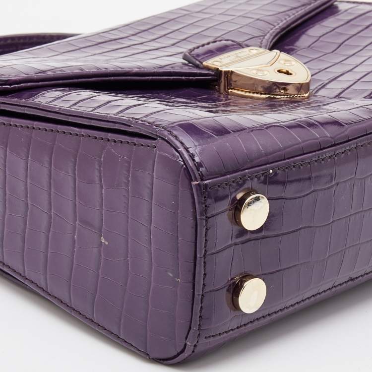 Pre Owned Aspinal Of London Purple Croc Embossed Leather Mayfair Top Handle Bag
