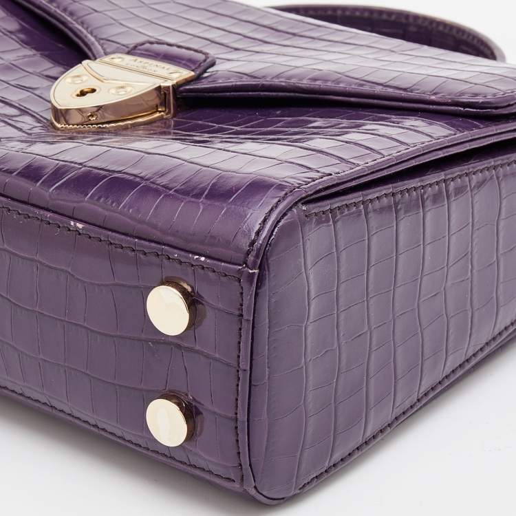 Pre Owned Aspinal Of London Purple Croc Embossed Leather Mayfair Top Handle Bag