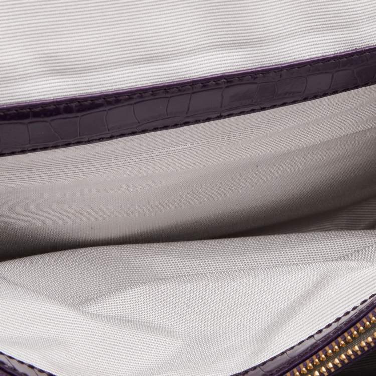Pre Owned Aspinal Of London Purple Croc Embossed Leather Mayfair Top Handle Bag
