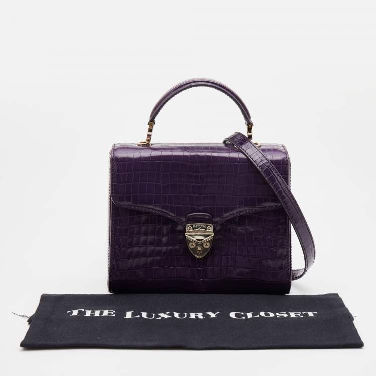 Pre Owned Aspinal Of London Purple Croc Embossed Leather Mayfair Top Handle Bag
