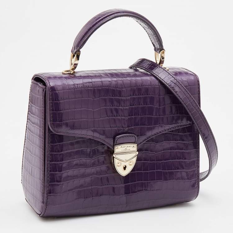 Pre Owned Aspinal Of London Purple Croc Embossed Leather Mayfair Top Handle Bag