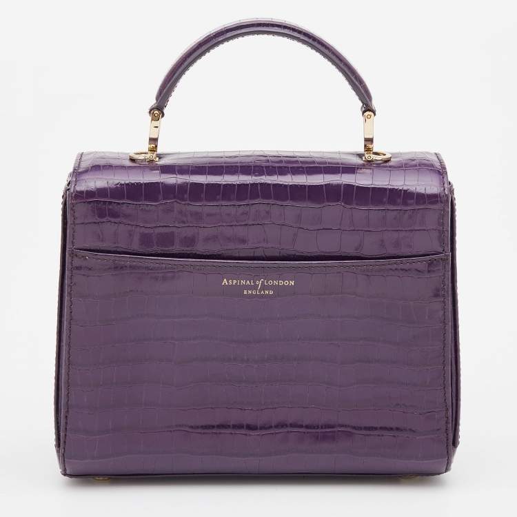 Pre Owned Aspinal Of London Purple Croc Embossed Leather Mayfair Top Handle Bag
