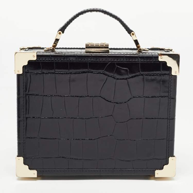 Pre Owned Aspinal Of London Black Croc Embossed Glossy Leather Trunk Top Handle Bag