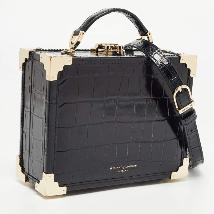 Pre Owned Aspinal Of London Black Croc Embossed Glossy Leather Trunk Top Handle Bag