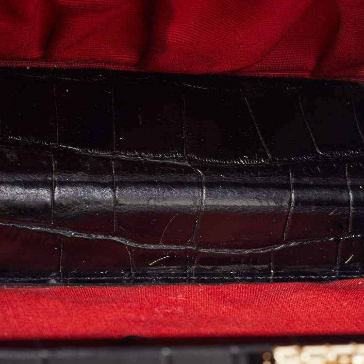 Pre Owned Aspinal Of London Black Croc Embossed Glossy Leather Trunk Top Handle Bag