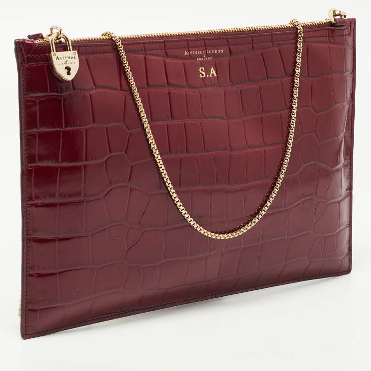 Pre Owned Aspinal Of London Dark Red Croc Embossed Leather Soho Clutch