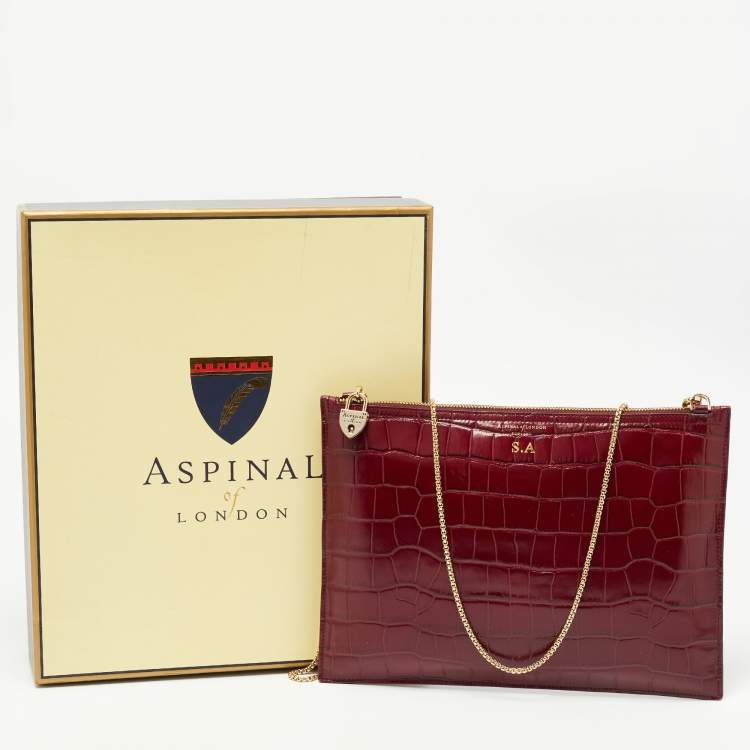 Pre Owned Aspinal Of London Dark Red Croc Embossed Leather Soho Clutch