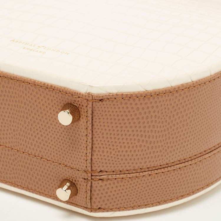 Pre Owned Aspinal Of London Off White/Brown Croc Embossed Leather Hat Box Bag
