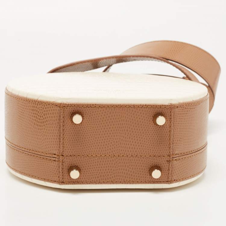 Pre Owned Aspinal Of London Off White/Brown Croc Embossed Leather Hat Box Bag