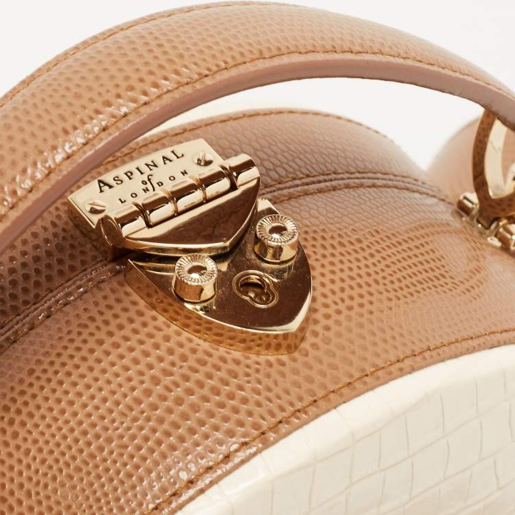 Pre Owned Aspinal Of London Off White/Brown Croc Embossed Leather Hat Box Bag