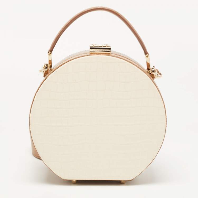 Pre Owned Aspinal Of London Off White/Brown Croc Embossed Leather Hat Box Bag