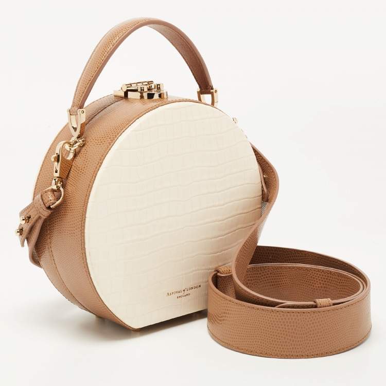Pre Owned Aspinal Of London Off White/Brown Croc Embossed Leather Hat Box Bag