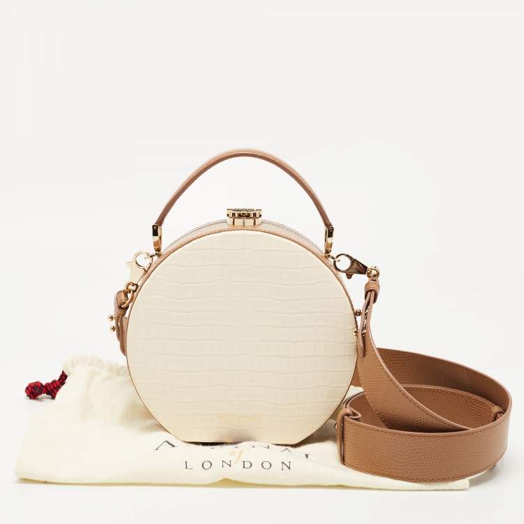 Pre Owned Aspinal Of London Off White/Brown Croc Embossed Leather Hat Box Bag