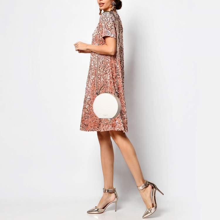 Pre Owned Aspinal Of London Off White/Brown Croc Embossed Leather Hat Box Bag