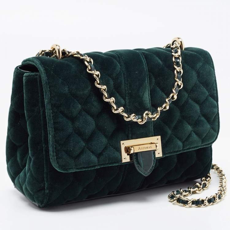 Pre Owned Aspinal Of London Green Quilted Velvet Small Lottie Shoulder Bag