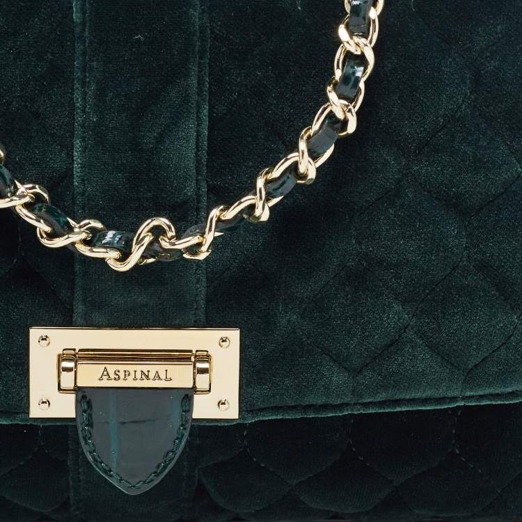 Pre Owned Aspinal Of London Green Quilted Velvet Small Lottie Shoulder Bag