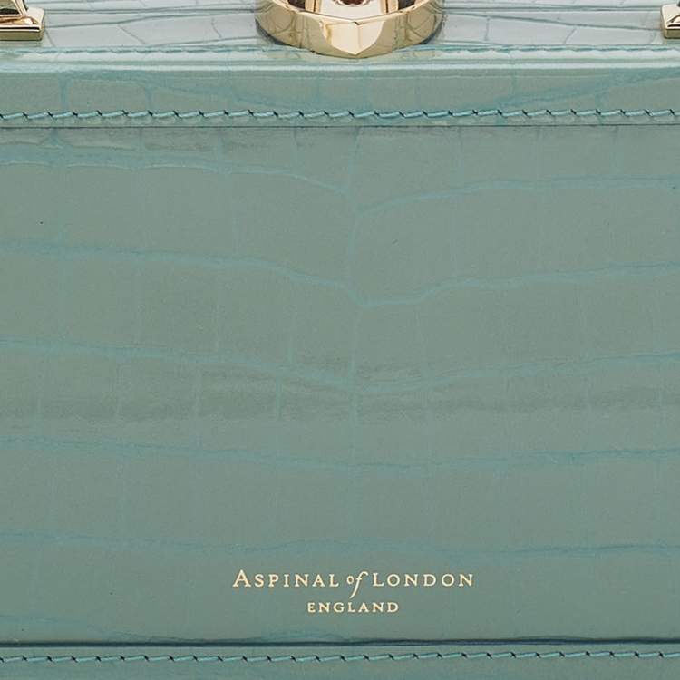 Pre Owned Aspinal of London Green Croc Emboosed Patent Leather Trinket Top Handle Bag 