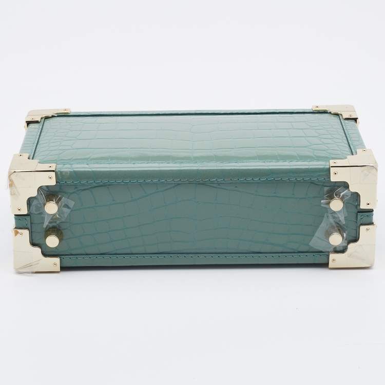 Pre Owned Aspinal of London Green Croc Emboosed Patent Leather Trinket Top Handle Bag 