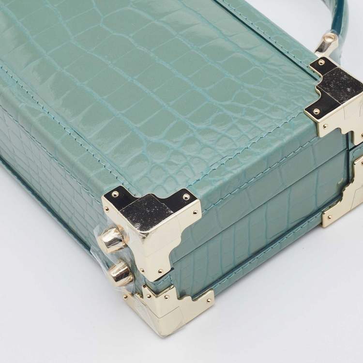Pre Owned Aspinal of London Green Croc Emboosed Patent Leather Trinket Top Handle Bag 